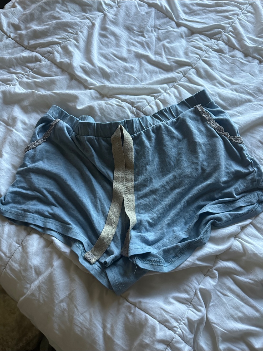 Women’s Light Blue Lounge Shorts with Lace Trim and Drawstring